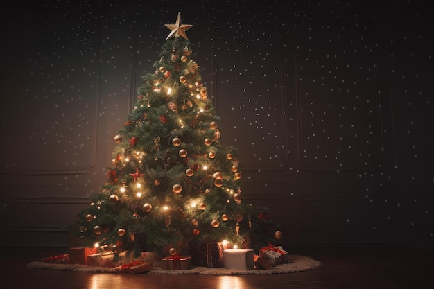 A majestic fir tree decorated with twinkling lights ornaments and a star on top