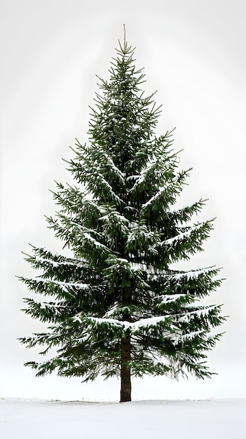 Majestic Fir Tree Stands Tall in Serene Winter Wonderland on Plain White Background