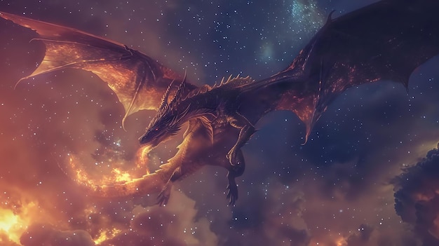 A majestic firebreathing dragon soars through a starry night sky The dragons scales are a deep red color and its wings are a dark brown