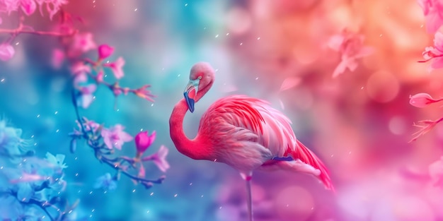 Photo majestic flamingo standing gracefully among colorful blossoms with a bokeh background