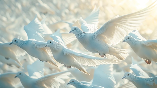 Photo majestic flock of white doves in flight against a sunlit sky