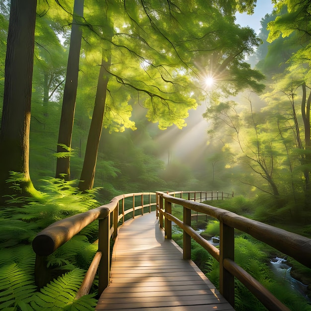 Majestic Forest Landscape with Sunlit Trees against a Blue Sky