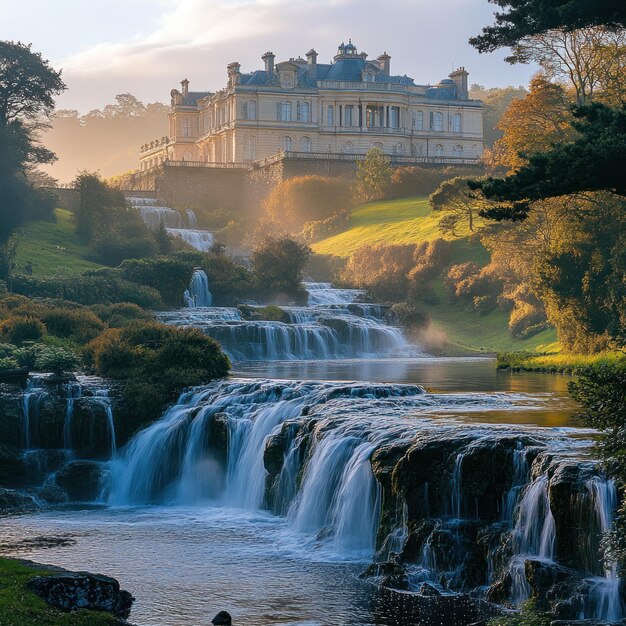 Photo a majestic french chateau with cascading waterfalls in a misty forest