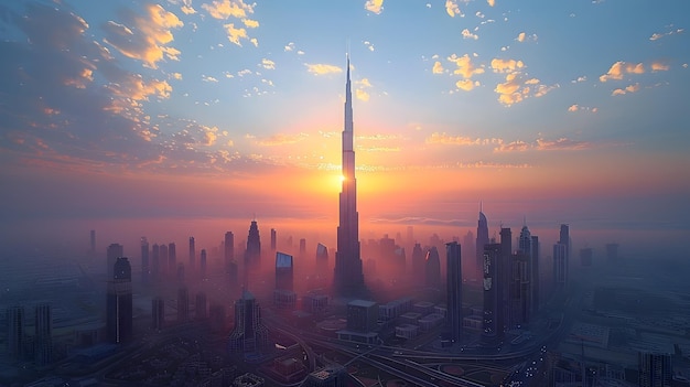 Majestic Futuristic City Skyline at Dramatic Sunset with Glowing Skyscrapers and Towers