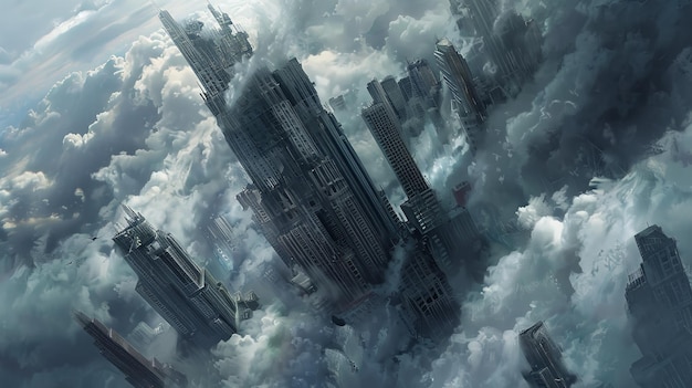 Majestic futuristic skyscrapers rise above clouds in a surreal dystopian cityscape creating an ethereal view of an advanced dreamlike metropolis