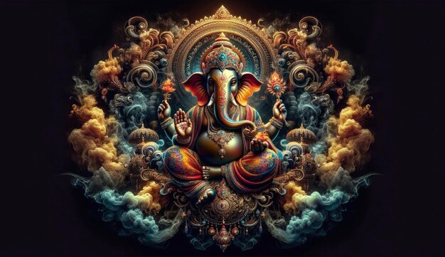 Majestic Ganesha Statue Adorned in Opulent Hindu Design with Mystical Smoky Ambiance