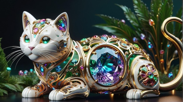 Majestic Gemstone Cat in Enchanted Forest