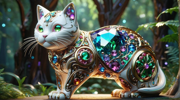 Majestic Gemstone Cat in Enchanted Forest