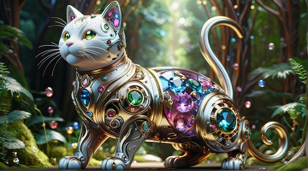 Majestic Gemstone Cat in Enchanted Forest