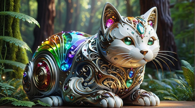 Majestic Gemstone Cat in Enchanted Forest