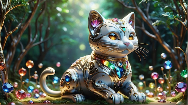 Majestic Gemstone Cat in Enchanted Forest