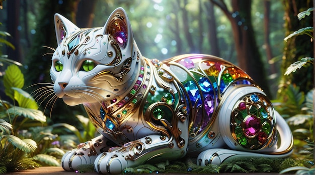 Majestic Gemstone Cat in Enchanted Forest