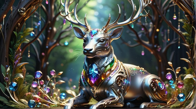 Majestic Gemstone Deer in Enchanted Forest