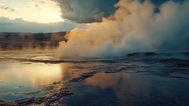 Majestic geothermal steam rising from the surface at Yellowstone National Park during a stunning sunset in early spring