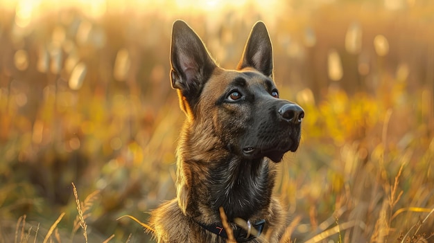 Majestic German Shepherd Dog in Golden Field at Sunset Profile View with Warm Light