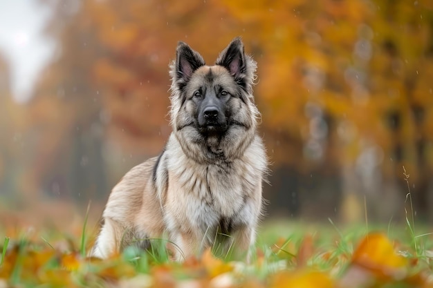 Majestic German Shepherd Dog Sitting in Autumn Landscape with Colorful Falling Leaves