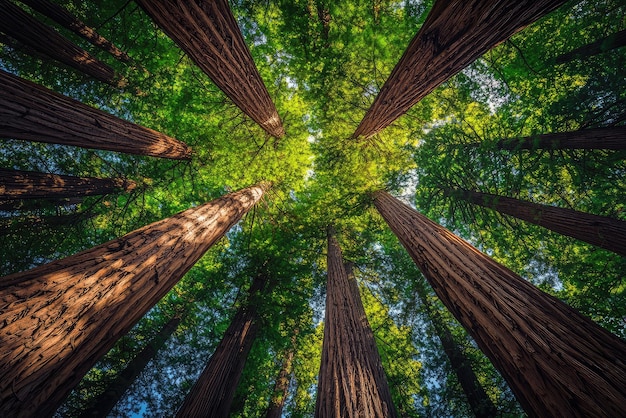 Photo majestic giant redwoods reaching skyward in a serene forest embrace natures sacred cathedral of green and brown