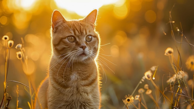 Majestic Ginger Cat in Golden Sunset Light Amidst Nature with Blurred Background