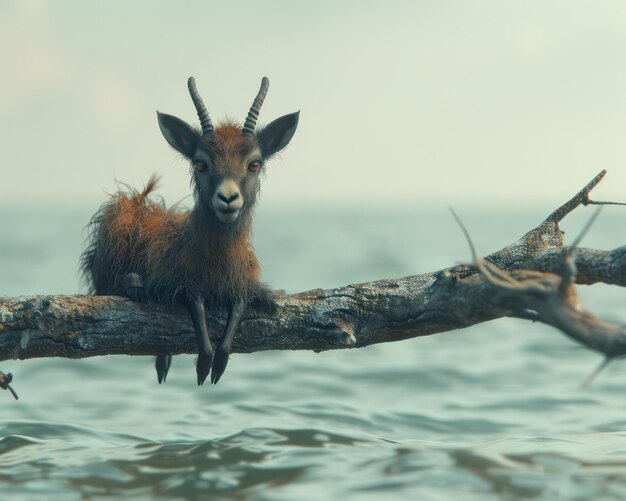 Photo majestic goat perched on a branch overlooking a tranquil ocean