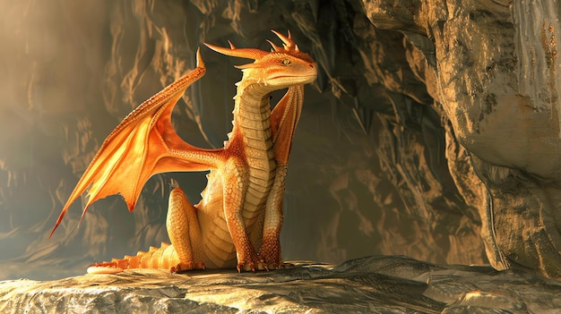 A majestic golden dragon sits on a rock in a dark cave