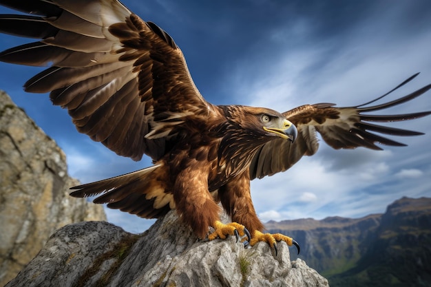 Majestic golden eagle flying over mountains Fierce and imposing generative IA