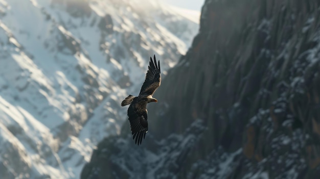 Photo majestic golden eagle is flying through a canyon with its wings spread wide against a backdrop of snowy mountains and blue sky