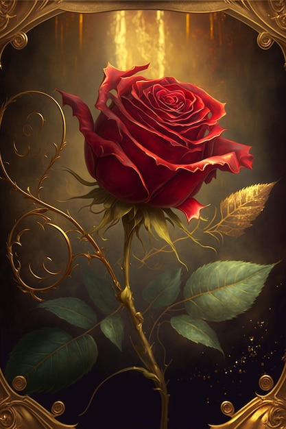 Majestic golden framed red rose 3d illustrated