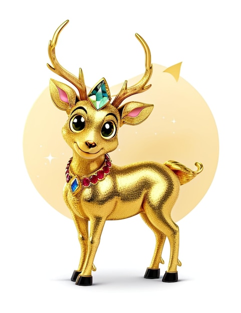 A majestic golden reindeer adorned with a sparkling diamond necklace and earrings