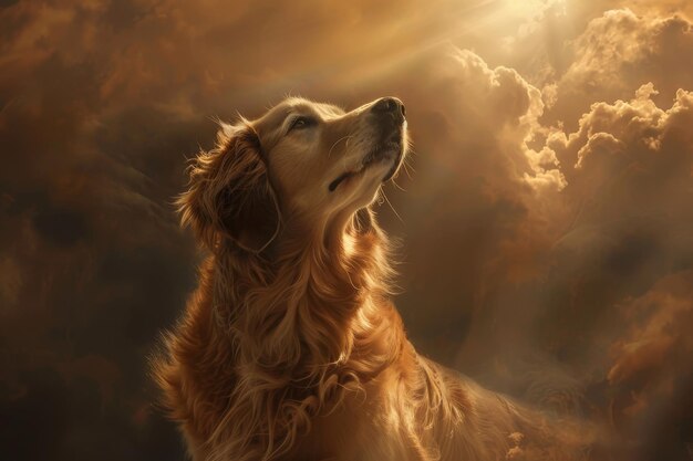 Majestic golden retriever journey to light liberated from earthly woes serene transition