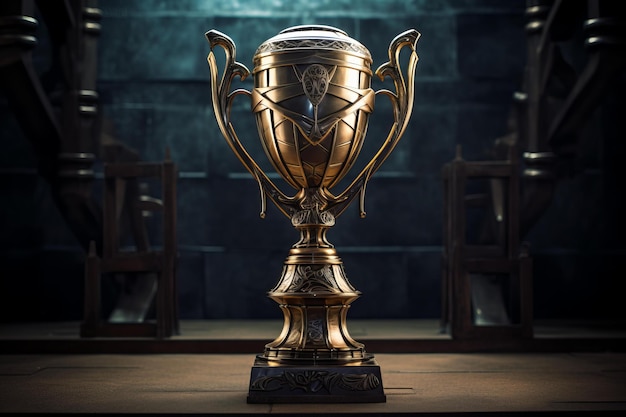 Majestic golden trophy on dark background