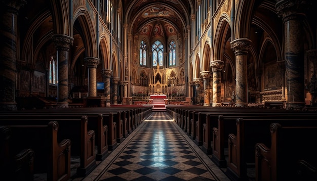 Majestic Gothic chapel with stained glass windows generated by AI