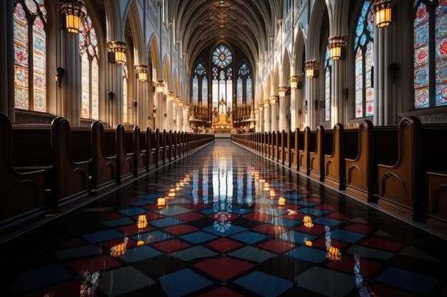 Majestic Gothic Church in the nebula morning shining stained glass generative IA