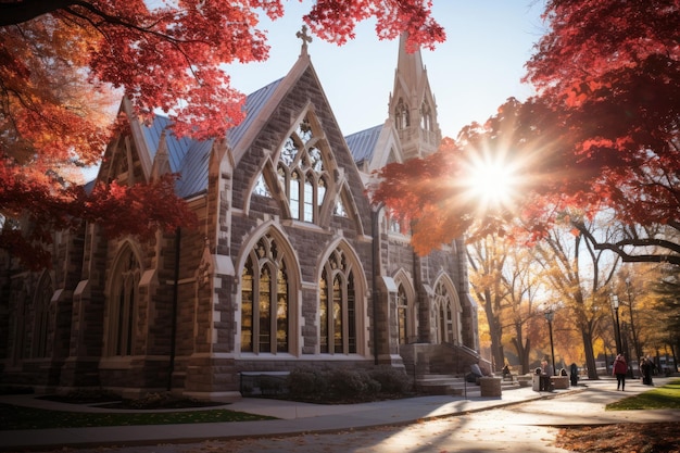 Majestic Gothic Church surrounded by serene nature generative IA