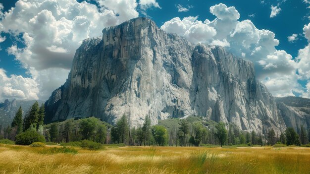 Majestic Granite Cliffs Tower Over Golden Grasslands in Yosemite National Park