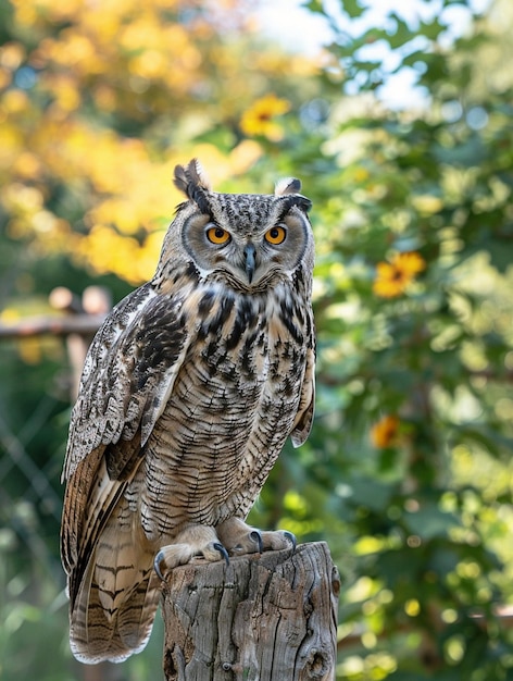 Photo majestic great horned owl perched in sunlit garden