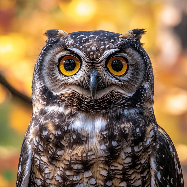 Photo a majestic great spotted owl with intense eyes and detailed feathers set against autumn leaves