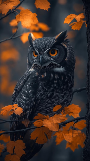 Photo majestic great spotted owl with intense gaze detailed plumage and autumn leaves in the background