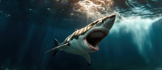 Majestic great white shark swimming powerfully with sunlight filtering through the oceans surface