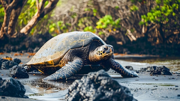 Majestic Green Sea Turtle Crawling Across Rocks on Coastline of Galapagos Island Unique Tropical Exotic Wildlife Habitat and Endangered Species Conservation