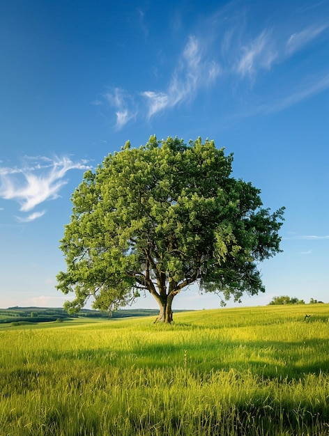 Majestic Green Tree in Lush Field Under Clear Blue Sky