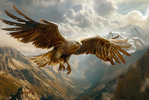 Majestic griffin soaring over powerful mountains