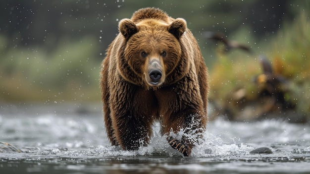 Majestic Grizzly Bear Walking Through Water