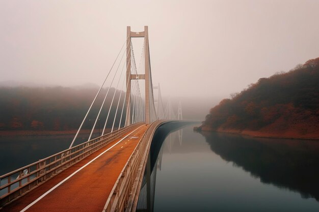 A majestic hanging bridge for heavy traffic emerges over a foggy river on a misty day AI Generated