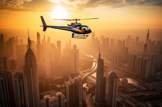 Majestic helicopter hovering over urban skyscrapers generative IA