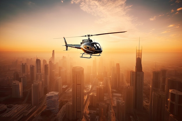 Majestic helicopter hovering over urban skyscrapers generative IA