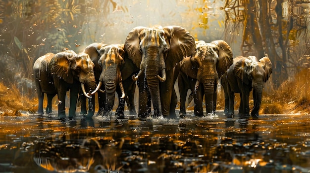 Majestic herd of elephants drinking at a watering hole in the African savanna their large bodies reflected in the still water