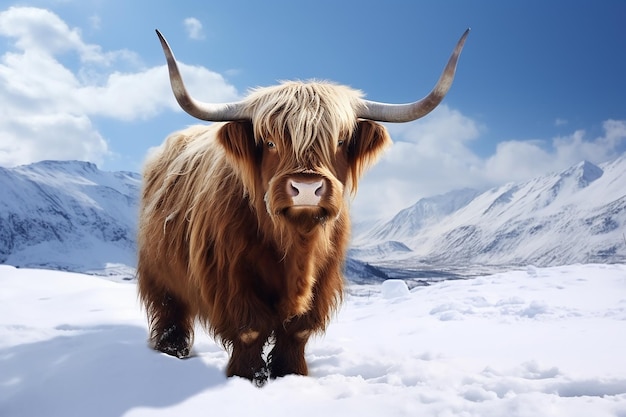 Majestic Highland Snowy Landscape with Realistic Cow