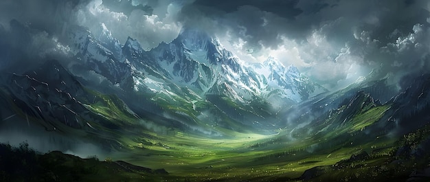 Majestic Himalayan Mountain Range with Stormy Skies and Lush Green Valleys