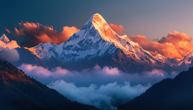 Photo majestic himalayan peak at sunset with clouds and warm colors in the sky