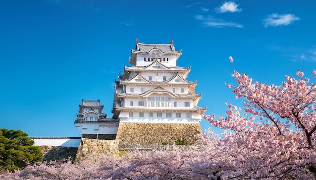 Photo the majestic himeji castle surrounded by cherry blossoms in full bloom